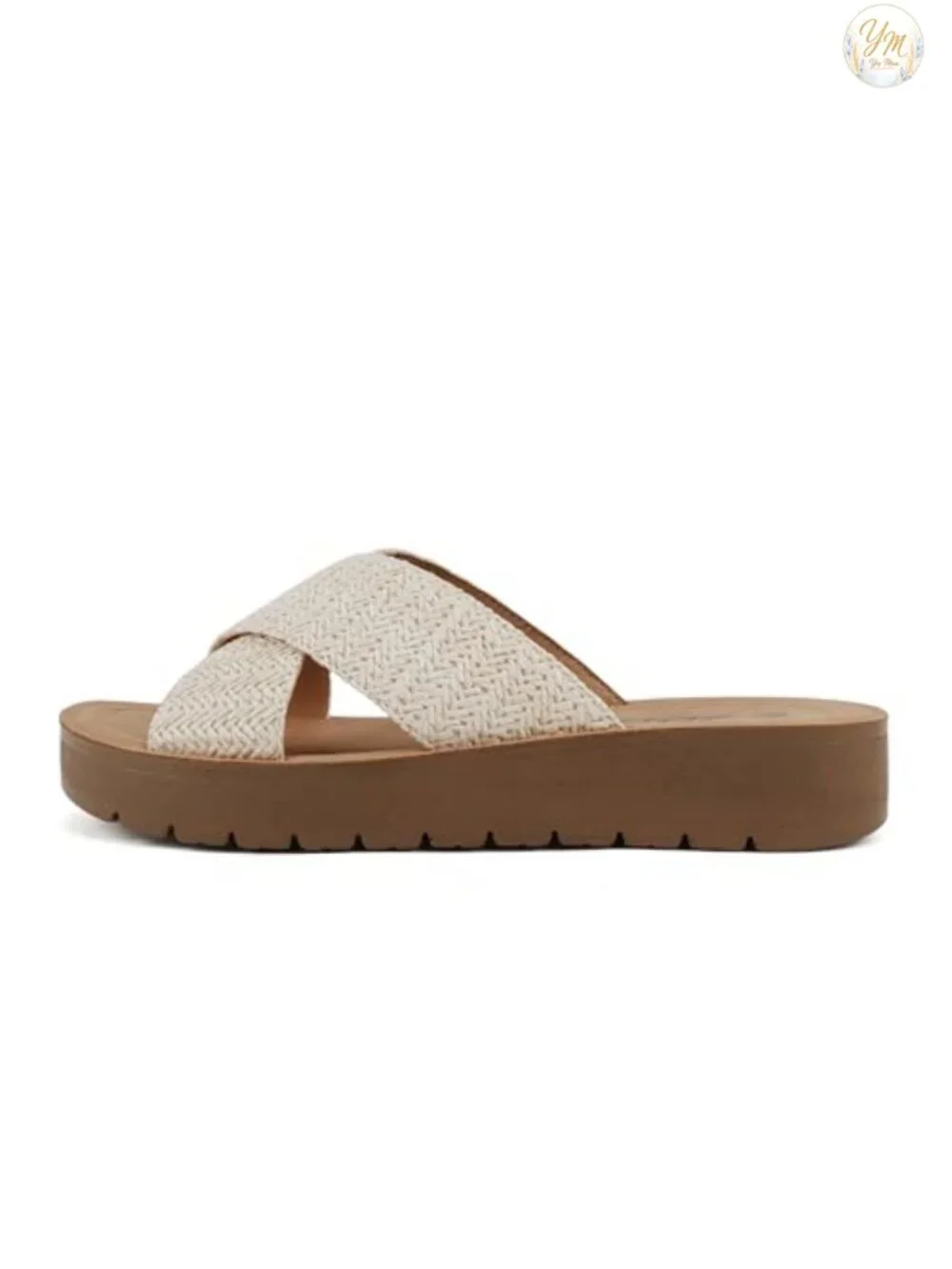 Soda LUCY Women Open Toe Crisscross Band Platform Slide Sandals Nude Raffia